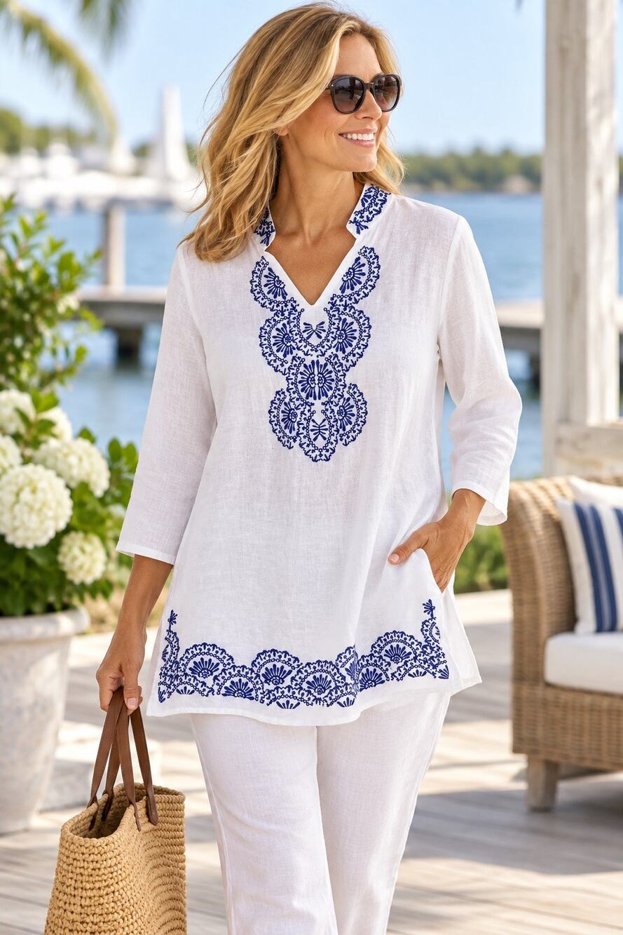 Carole Little Tunic Top XL White Blue Embroidered Linen Cotton Coastal Boho